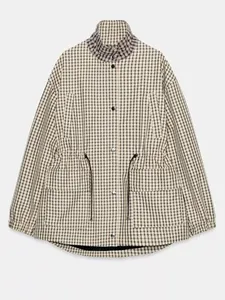 Veste rétro à carreaux pour femmes avec cordon à la taille et col montant détaillé