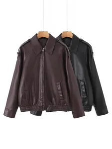 Dames Retro Maillard Stijl PU Kunstleer Jas Ruime Revers Oversized Biker Jas Met Epauletten Vintage Casual Top