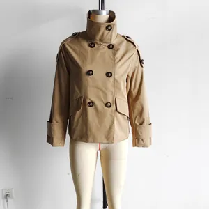 Classic khaki short trench coat with double-breasted design on a mannequin display