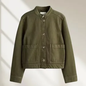 Casual olijfgroen twill spijkerjasje voor dames met ronde hals en grote zakken