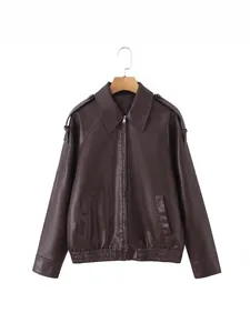 Vintage bruin Maillard-stijl kunstlederen jack met revers en rits voor dames