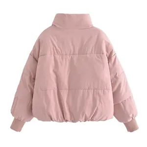 Back view of a casual pink loose-fit puffer jacket featuring horizontal quilting