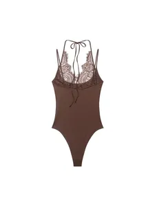 Elegant sexy brown halter neck bodysuit with delicate lace patchwork detailing.