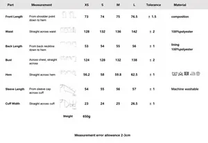 Tableau des tailles et guide de mesure pour veste à carreaux rétro avec cordon de serrage