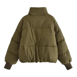 Back view of a cropped olive green puffer jacket with stand-up collar and ribbed cuffs