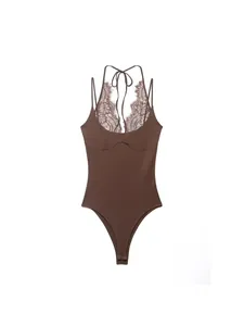 Elegant brown halter neck bodysuit featuring delicate floral lace trim and sleek design