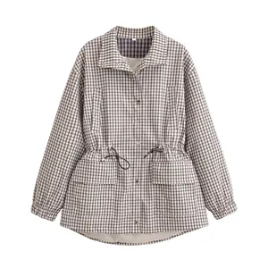 Veste vintage à carreaux pour femmes avec col montant et cordon de serrage réglable à la taille