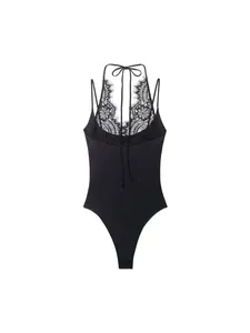 Sexy black lace halter neck bodysuit for women featuring delicate floral lace and back tie