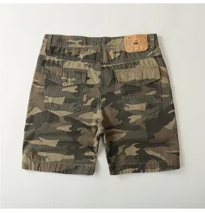 Rear view of vintage camouflage cargo shorts for men with leather waist patch detail