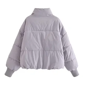 Detailed back view of a casual loose lavender puffer jacket for women's winter fashion