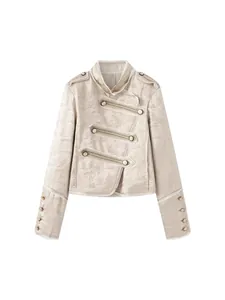 Elegante Retro-Jacquard-Blazer-Jacke mit Stehkragen und dekorativen Goldknöpfen