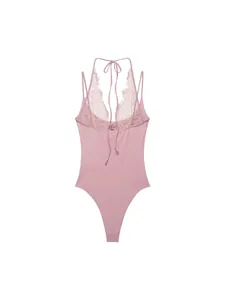 Elegant pink halter neck bodysuit featuring delicate lace trim and adjustable back tie