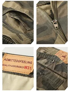 Close-up of camouflage cargo shorts details showing zipper, pocket, and waist labels