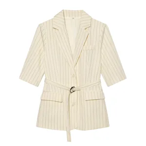 Fashionable cream pinstriped blazer for women featuring five-quarter sleeves and a waist belt