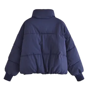 Back view of a navy blue women's casual loose puffer jacket featuring a high collar