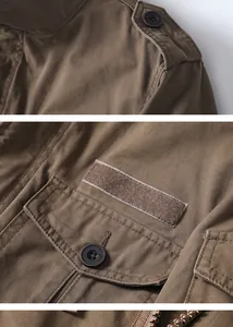 Close-up details of heavy cotton American style casual jacket showing buttons and zipper.