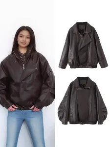 Moderne High Street Dubbele Kraag PU Leren Jas Oversized Vintage Verweerde Bikerjas Maillard Bruin Damesjack