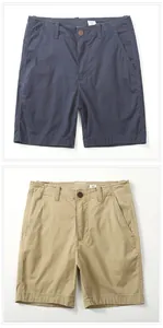Detailed view of men's retro cotton chino shorts in navy blue and khaki colors
