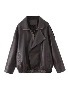 Oversized Maillard-stijl vintage kunstleren jas met dubbele kraag in bruin
