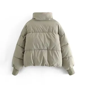 Back view of a women's oversized high-collar khaki puffer jacket with ribbed cuffs.