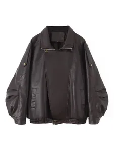 Oversized bruin imitatieleren jack in distressed-stijl met dubbele kraag