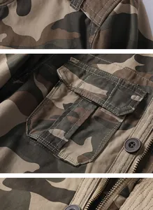 Detailaufnahme einer Camouflage-Jacke mit Pattentasche und robustem Metallreißverschluss