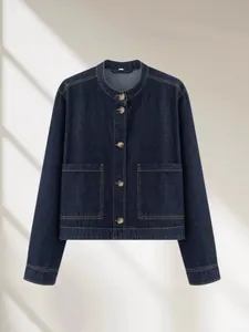Casual donkerblauwe twill denim jas voor dames met ronde hals en zakken