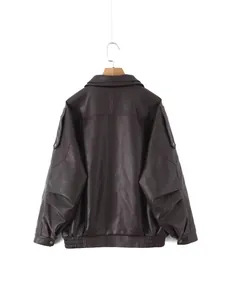 Vintage oversized donkerbruin leren jack met gelaagde kraag en elastische zoom achterzijde