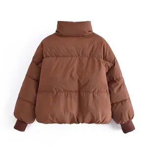 Back view of a casual brown oversized puffer jacket featuring ribbed cuffs and stand collar.