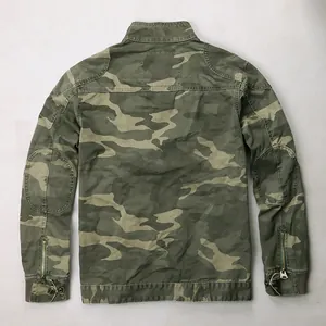 Vintage green camouflage men's jacket with casual fitted design and stylish zipper cuffs