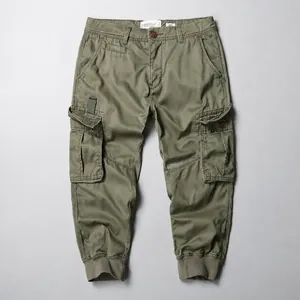 Men's olive green casual loose fit cotton cargo cropped pants with functional side pockets