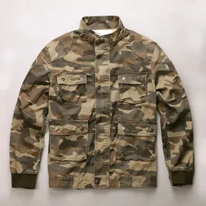 Vintage men's green camouflage utility jacket with a stand collar and four cargo pockets