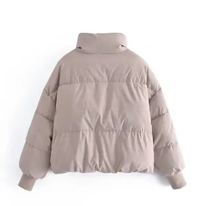 Back view of a casual loose beige puffer jacket with ribbed cuffs