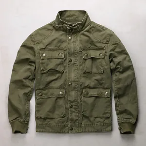 Retro green military style cargo jacket for men with multiple pockets and stand collar