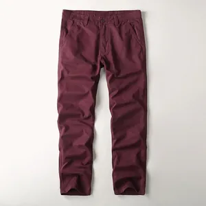 Premium men's burgundy casual cotton straight-leg pants laid flat on white surface