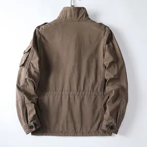 Back view of a premium heavy cotton American style casual jacket in classic khaki brown