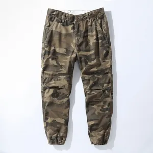 Men's Retro Cotton Camouflage Cargo Pants Mid Waist Multi Pocket Elastic Cuff Joggers Loose Casual Tactical Bottoms