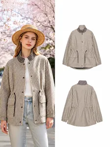 Veste Plaid Vintage pour Femmes Coupe Large Cordon Taille Col Montant Polyester Patchwork Veste Rétro Carreaux Haut Extérieur