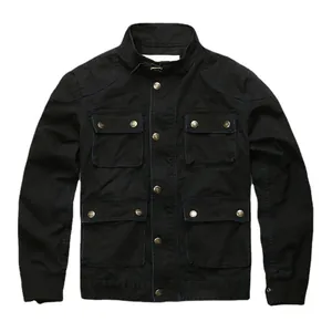 Men's vintage black military-style workwear jacket featuring four front flap pockets