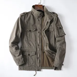 Heavyweight cotton military utility jacket with multiple pockets for men in olive green