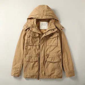 Veste à capuche vintage en coton kaki pour hommes avec poches multiples et rembourrage