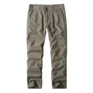 Classic men's washed cotton casual trousers in khaki straight-leg fit on white background