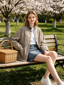 Veste à carreaux vintage tendance avec col montant et cordon de serrage femme