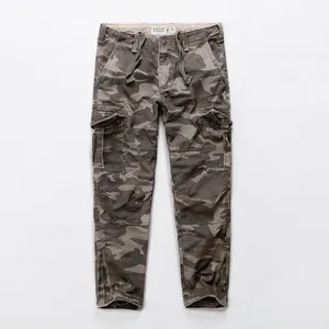 American Vintage Men's Cotton Cargo Pants Loose Camouflage Multi-Pocket Sporty Washed Pants With Zippered Cuffs Straight Leg Trousers