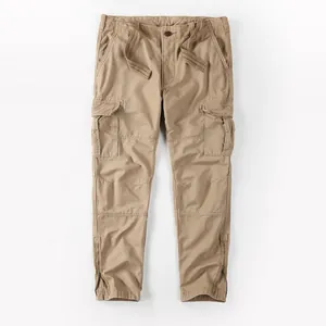 American vintage khaki cotton cargo pants for men with a loose straight leg fit