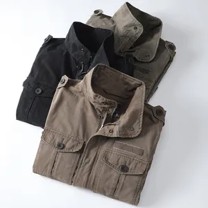 Heavyweight cotton men's casual military jackets in three colors: black, olive, and khaki.