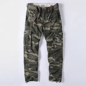 Pantalon Cargo en Coton Vintage Américain pour Hommes Multi-Poches Coupe Droite Camouflage Pantalon de Travail avec Ceinture