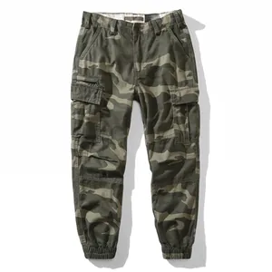 Vintage loose fit camouflage cargo pants for men with large pockets and elastic cuffs