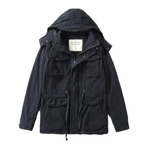 Veste de campagne rétro classique en coton bleu marine pour hommes avec capuche et poches