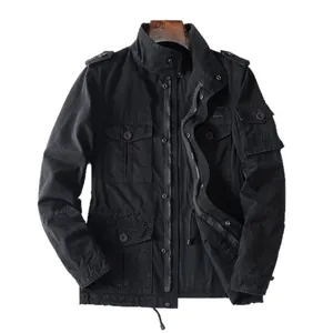 Men's vintage heavy cotton field jacket with cargo pockets and zipper closure in black.